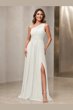 Sleek A-Line One Shoulder Sleeveless Lace-Up Back Long Bridesmaid Dress