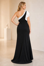 Black and white sheath one-shoulder long Mother of the Bride dress with ruffle sleeve, front slit and asymmetrical back, front and back view by Vedress
