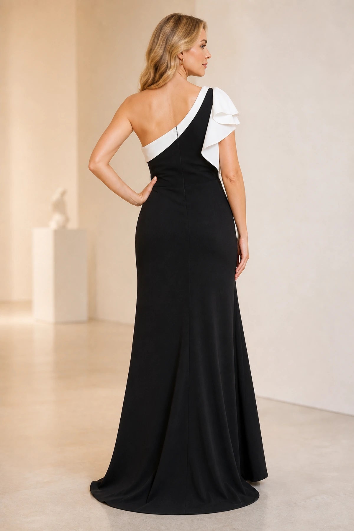 Black and white sheath one-shoulder long Mother of the Bride dress with ruffle sleeve, front slit and asymmetrical back, front and back view by Vedress