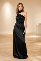GraceProm black one shoulder evening dress with scarf neckline ruched waist and floor length silhouette