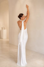 Sleek Sheath Asymmetric Neck Sleeveless Tie Back Floor Length Evening Dress