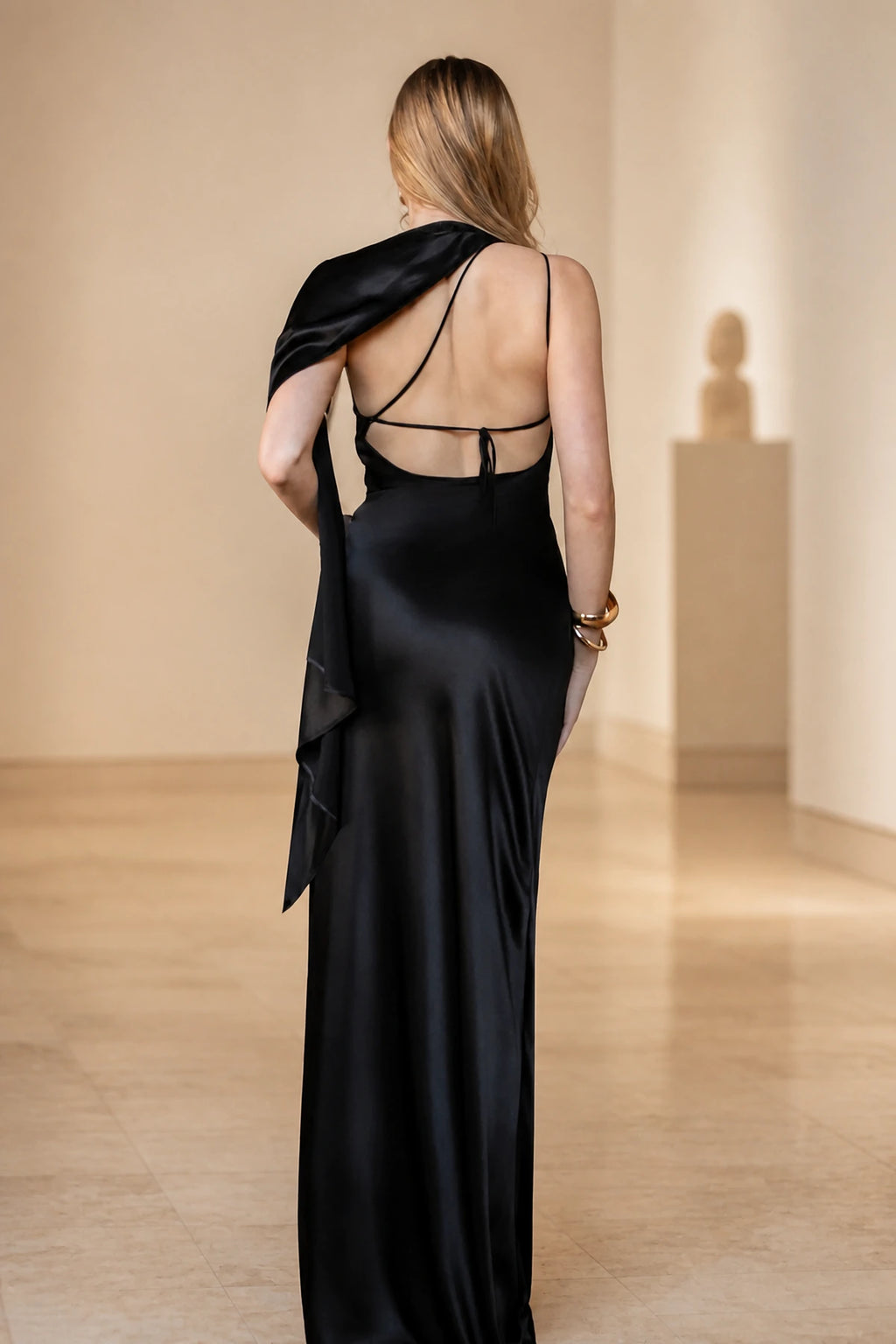 GraceProm black evening dress with open back tie straps and long draped scarf detail