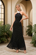 Black white polka dot halter A-line long bridesmaid dress with floral neck detail