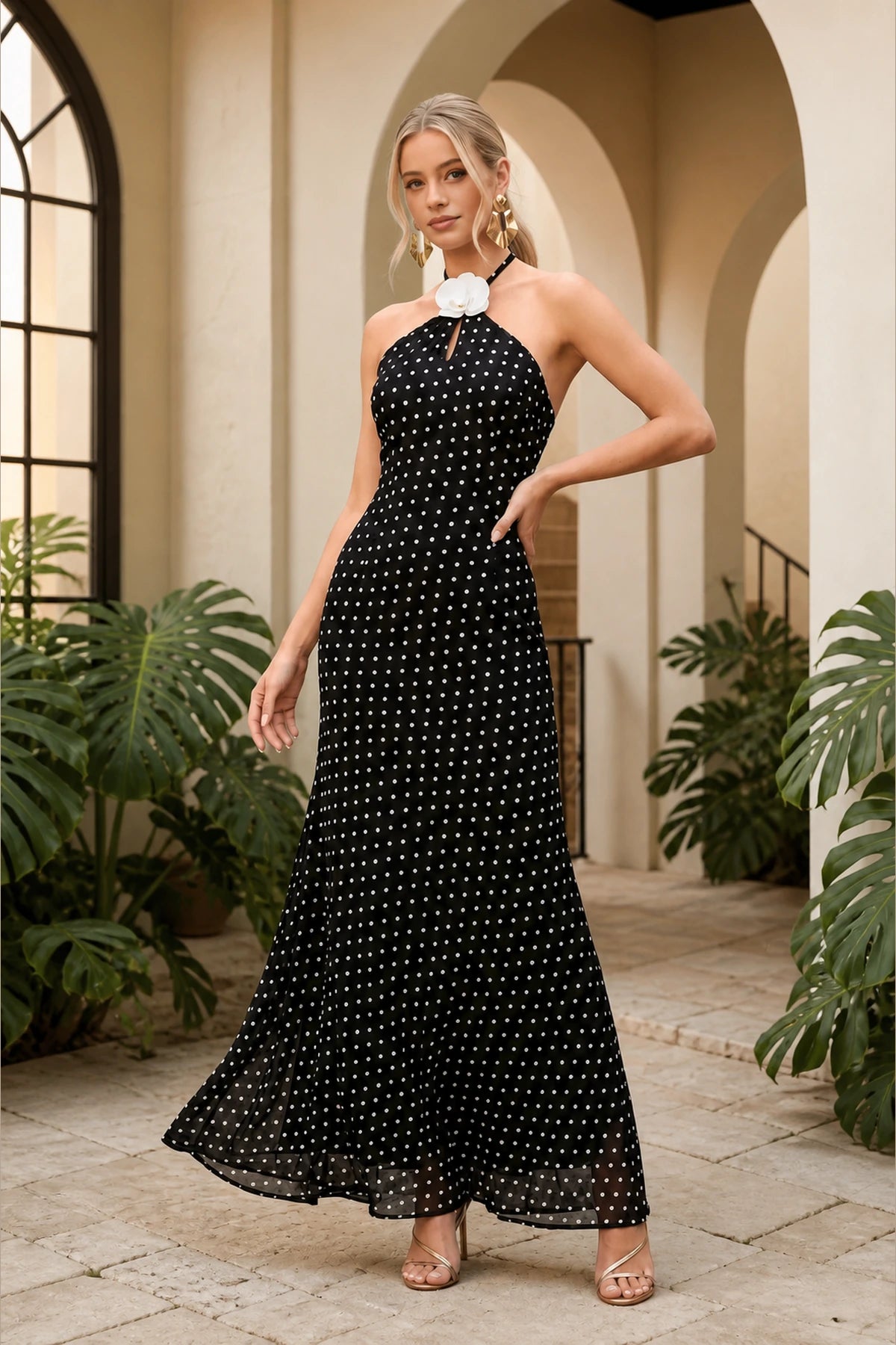 Black white polka dot halter A-line long bridesmaid dress with floral neck detail