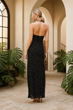 Black white polka dot halter A-line long bridesmaid dress with floral neck detail
