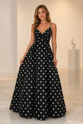 Black polka dot V neck spaghetti strap A-line floor length prom dress