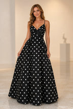 Black polka dot V neck spaghetti strap A-line floor length prom dress