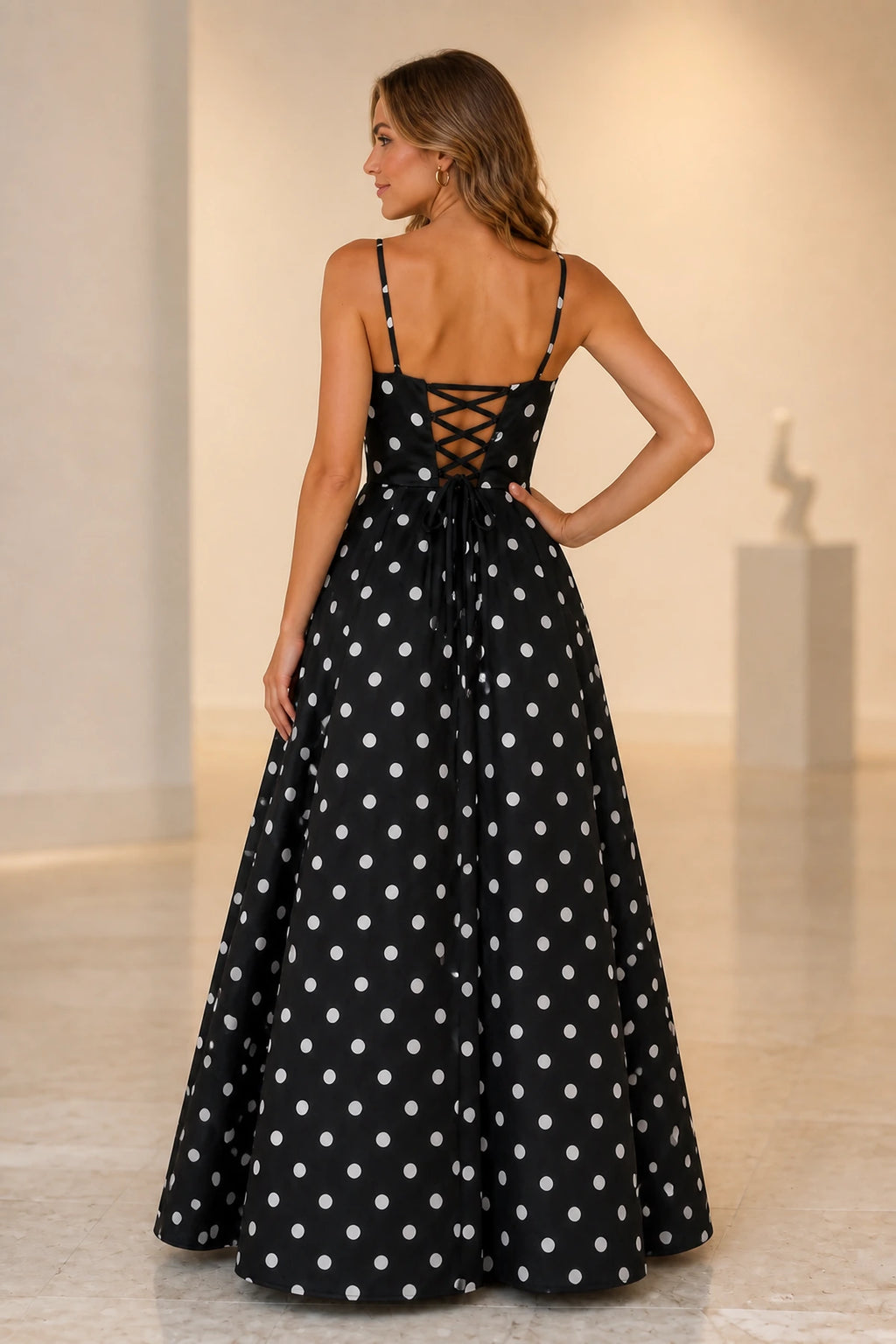 Black polka dot prom dress with open lace up back and full skirt
