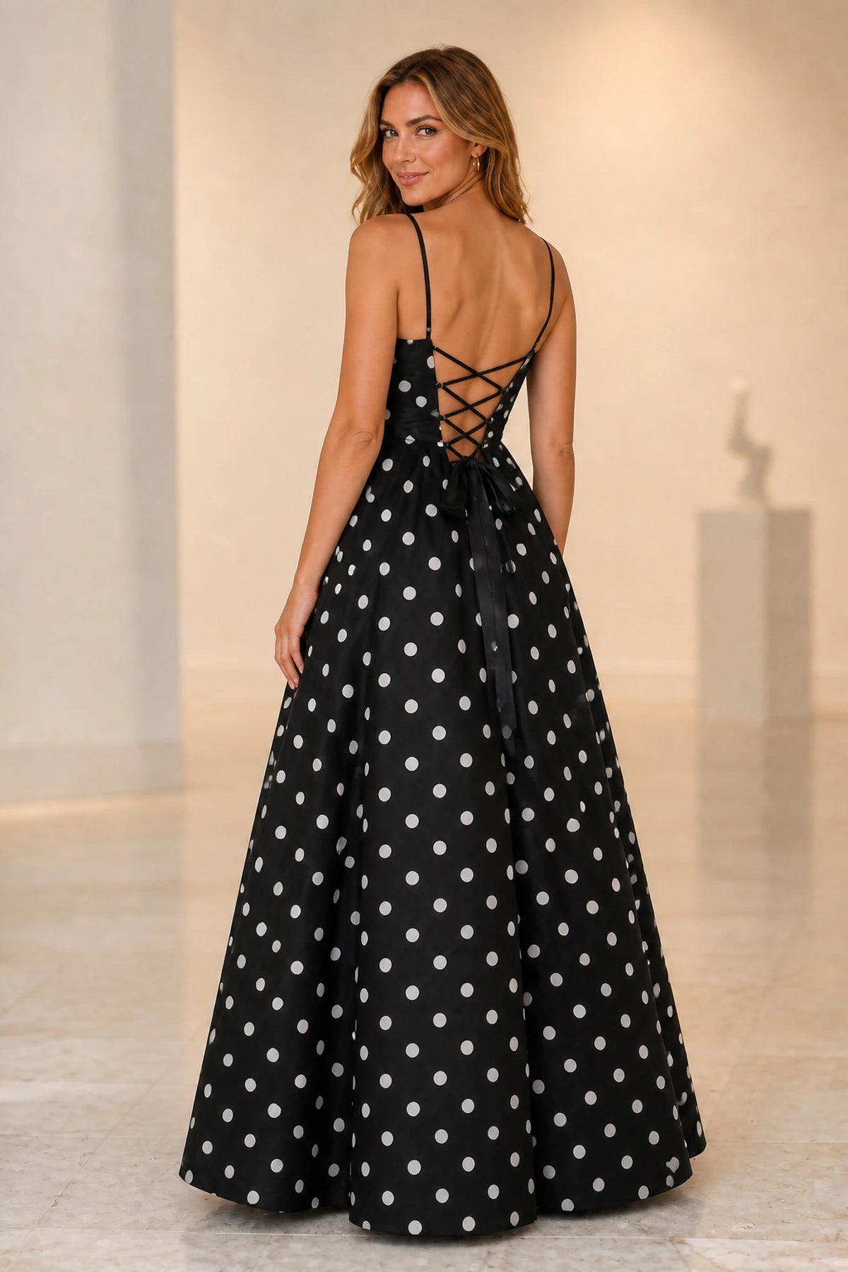 Chic A-Line V-Neck Spaghetti-Strap Lace-Up-Back Floor-Length Prom Dress