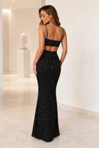 Black and white polka dot sweetheart spaghetti strap mermaid wedding guest dress
