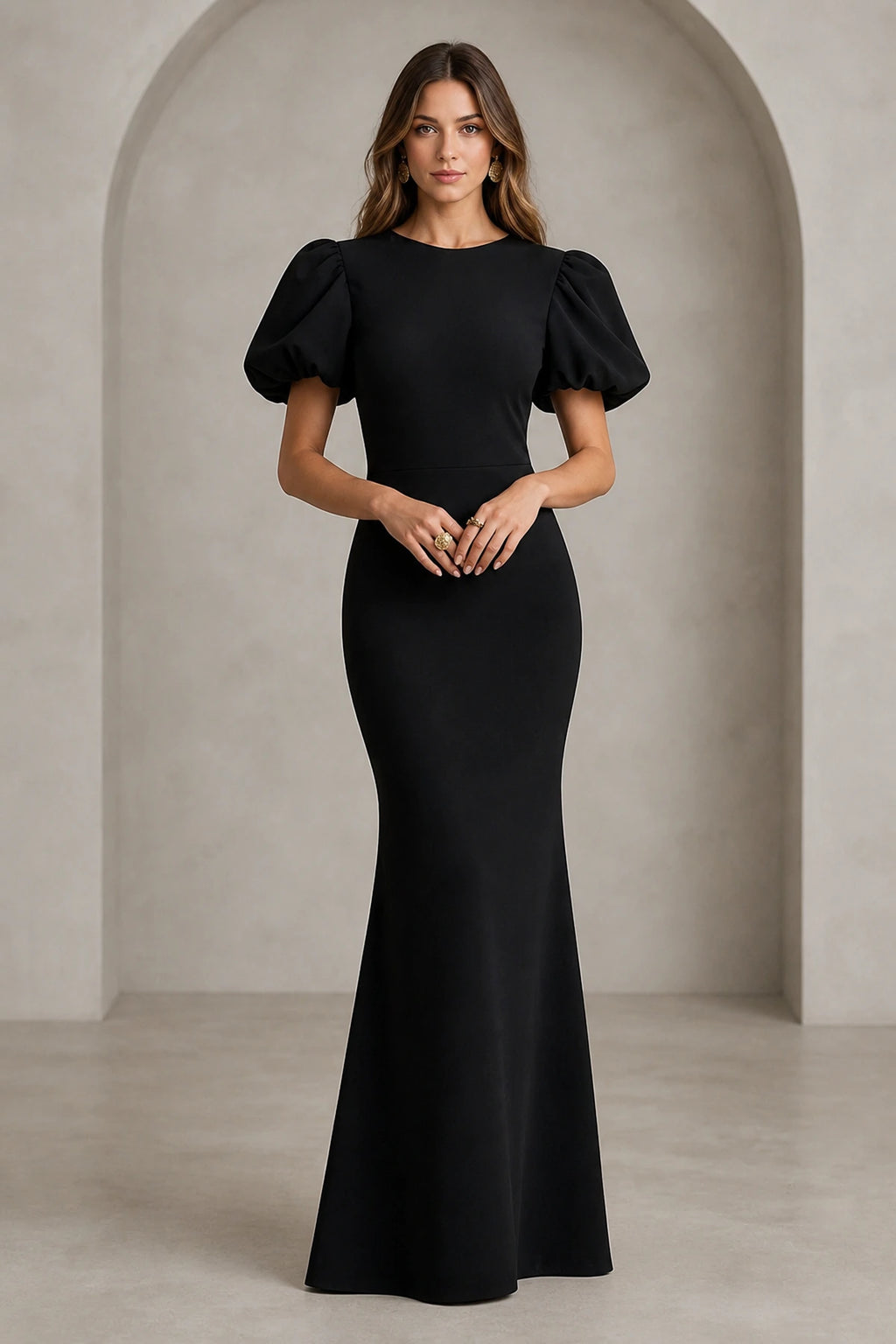 Black mermaid floor length evening dress with round neckline and puff sleeves by GraceProm