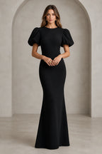 Black mermaid floor length evening dress with round neckline and puff sleeves by GraceProm