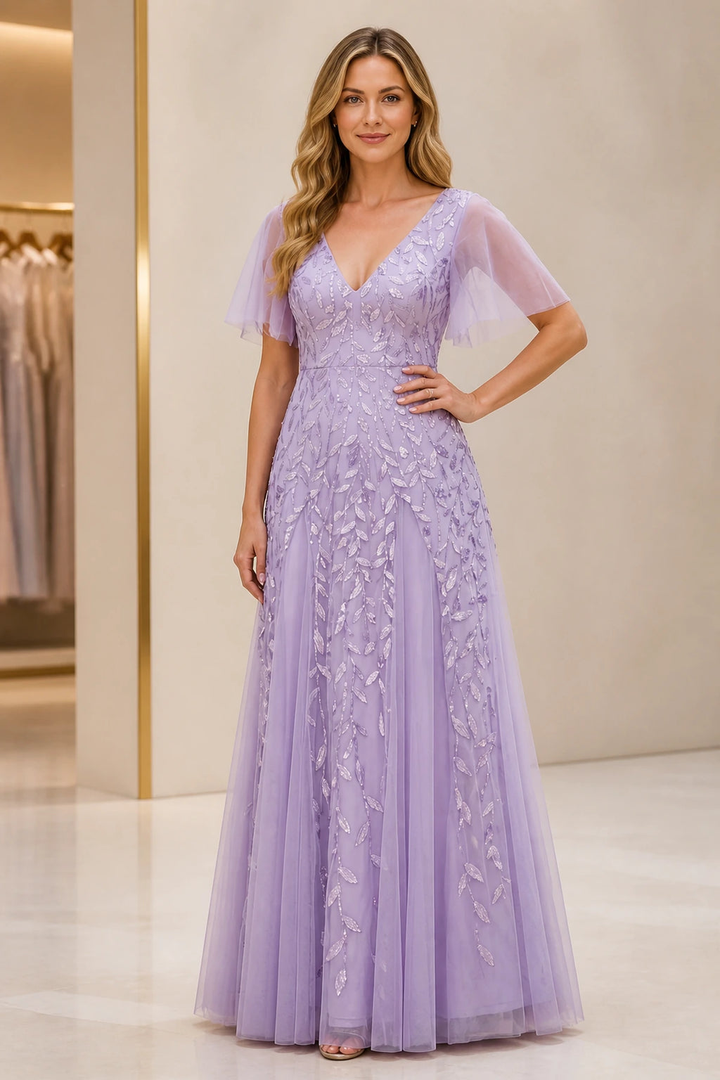 Refined A-Line V-Neck Flutter Sleeve V-Back Floor-Length Mother of the Bride Dress