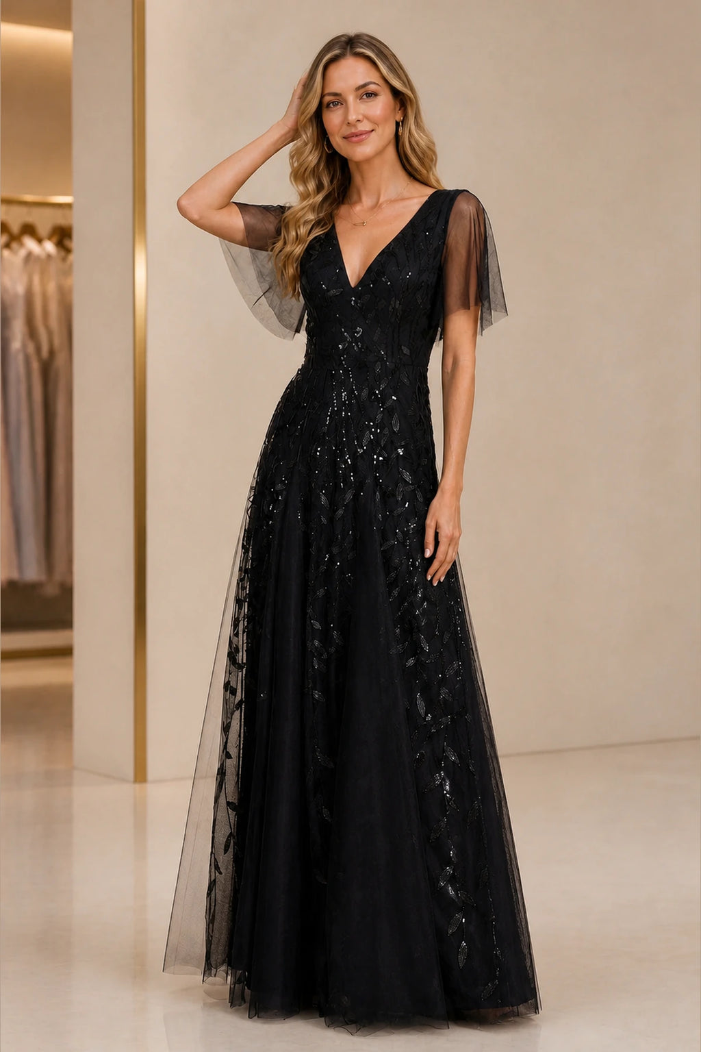 Black sequin V-neck floor-length mother of the bride dress with sheer flutter sleeves