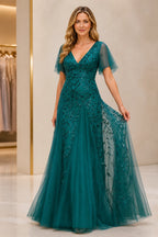Refined A-Line V-Neck Flutter Sleeve V-Back Floor-Length Mother of the Bride Dress