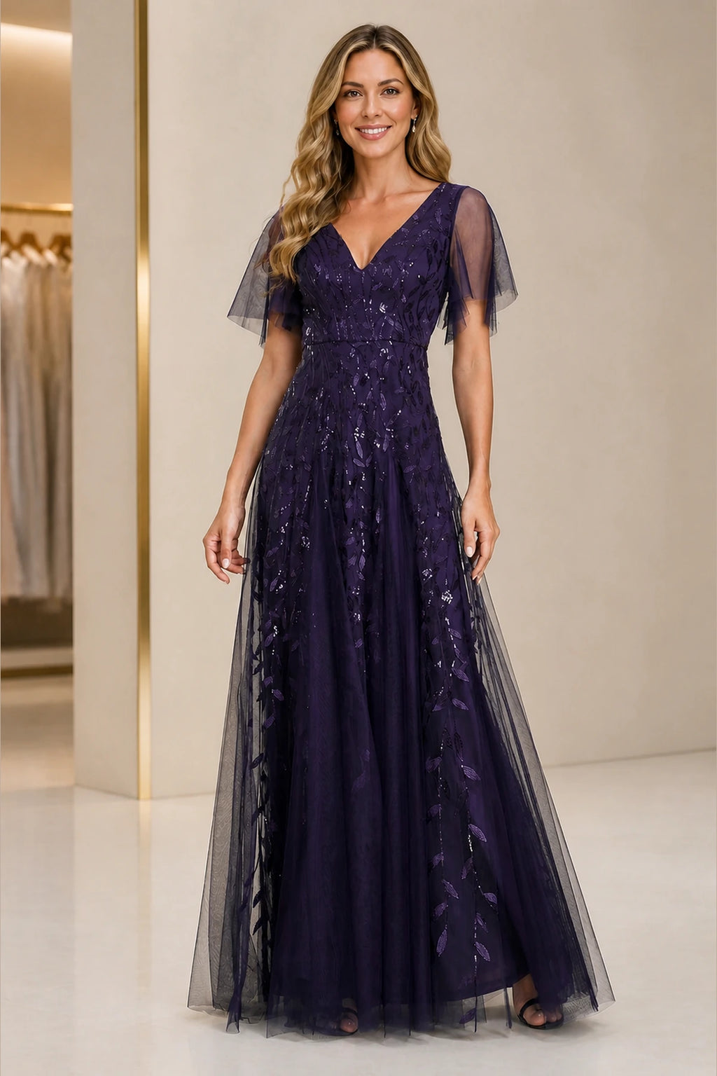 Refined A-Line V-Neck Flutter Sleeve V-Back Floor-Length Mother of the Bride Dress