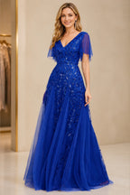 Refined A-Line V-Neck Flutter Sleeve V-Back Floor-Length Mother of the Bride Dress