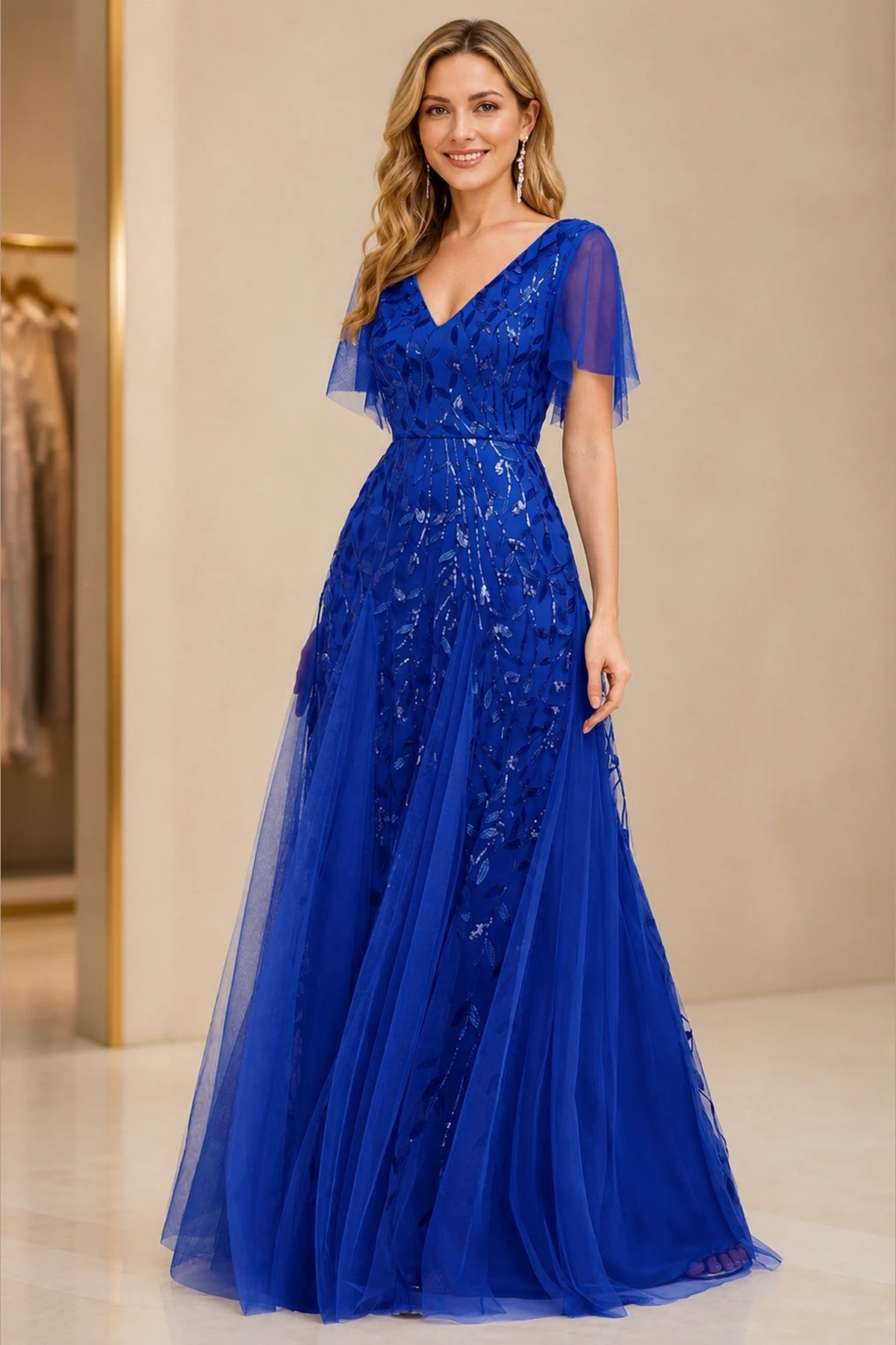 Refined A-Line V-Neck Flutter Sleeve V-Back Floor-Length Mother of the Bride Dress
