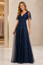 Refined A-Line V-Neck Flutter Sleeve V-Back Floor-Length Mother of the Bride Dress