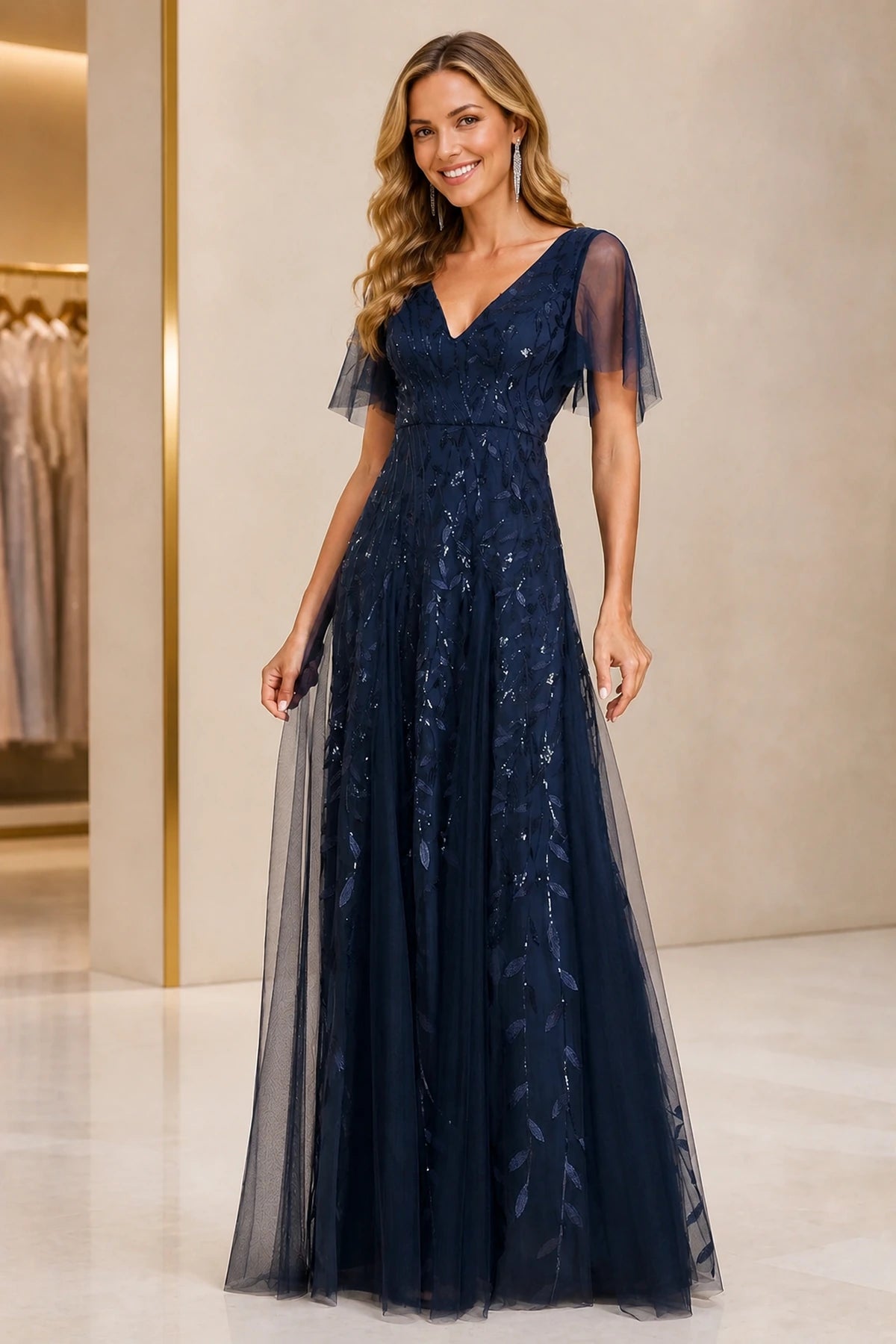 Refined A-Line V-Neck Flutter Sleeve V-Back Floor-Length Mother of the Bride Dress