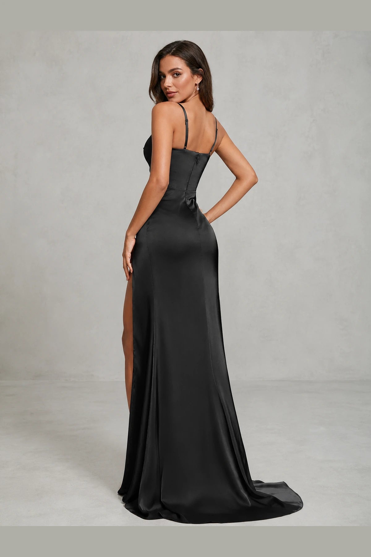 Vedress black floor-length prom dress with spaghetti straps fitted zipper back and sleek sheath silhouette back view