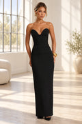 Black strapless sweetheart mermaid bridesmaid dress with sheer scarf detail by Graceprom
