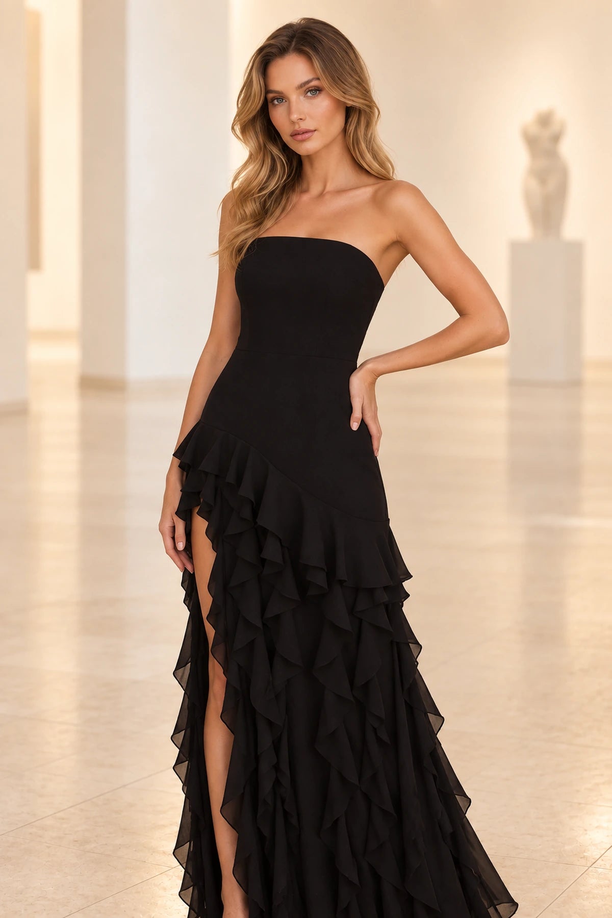 Glamorous A Line Strapless Sleeveless Layered Back Floor Length Prom Dress