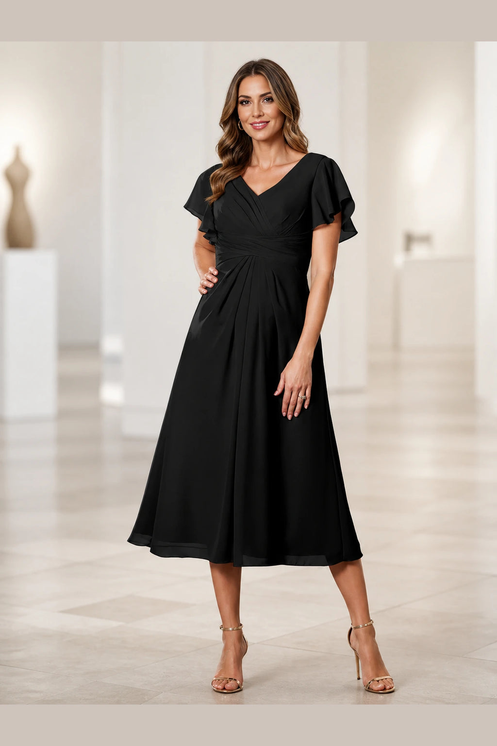 Vedress black mother of the bride dress with V-neck flutter sleeves ruched bodice and midi A-line skirt front view