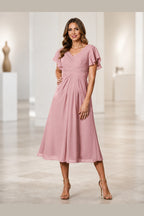 Elegant A-Line V-Neck Flutter Sleeve Zipper Back Midi Mother of Bride Dress