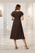 Elegant A-Line V-Neck Flutter Sleeve Zipper Back Midi Mother of Bride Dress