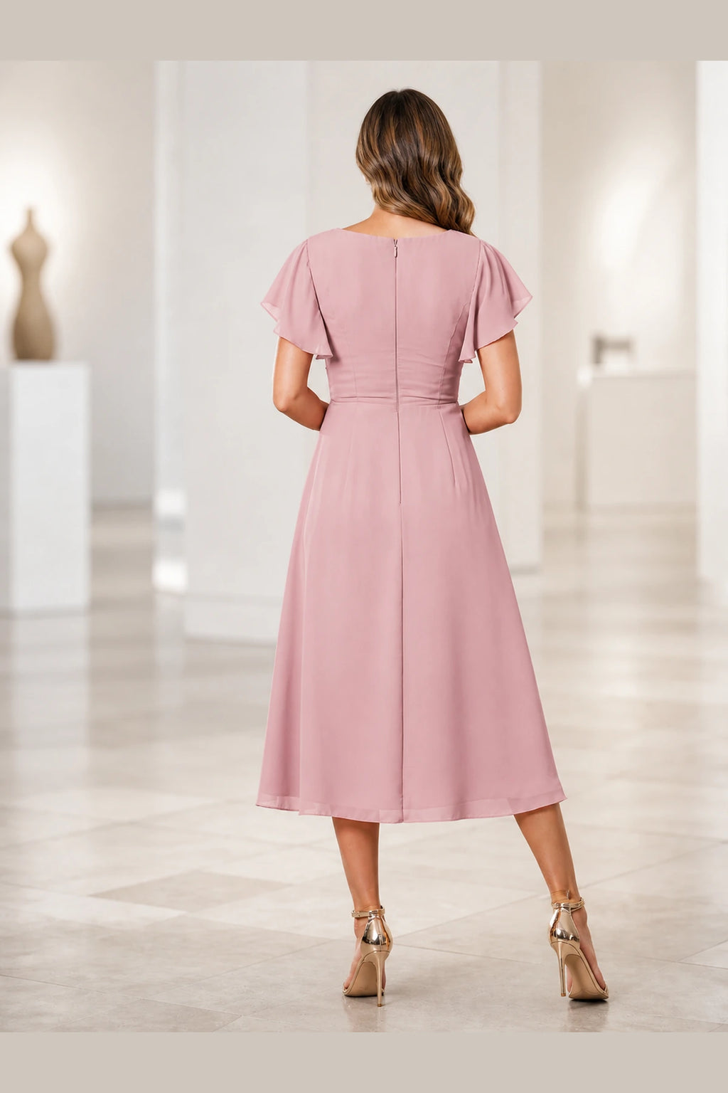 Elegant A-Line V-Neck Flutter Sleeve Zipper Back Midi Mother of Bride Dress