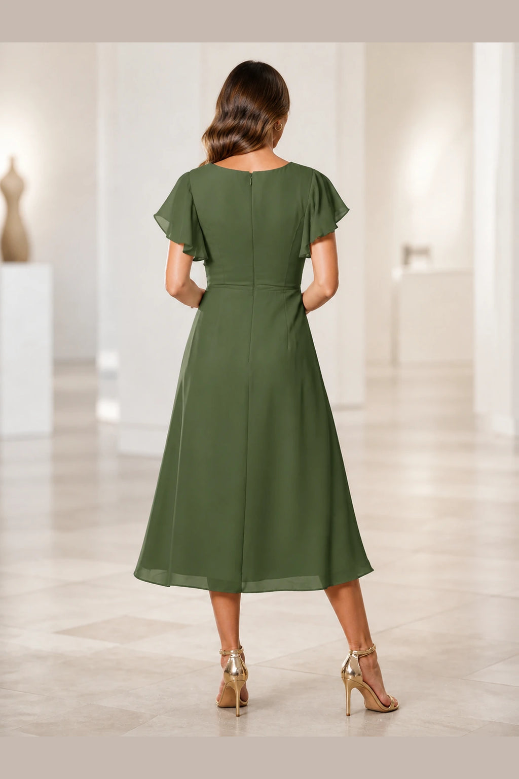 Elegant A-Line V-Neck Flutter Sleeve Zipper Back Midi Mother of Bride Dress