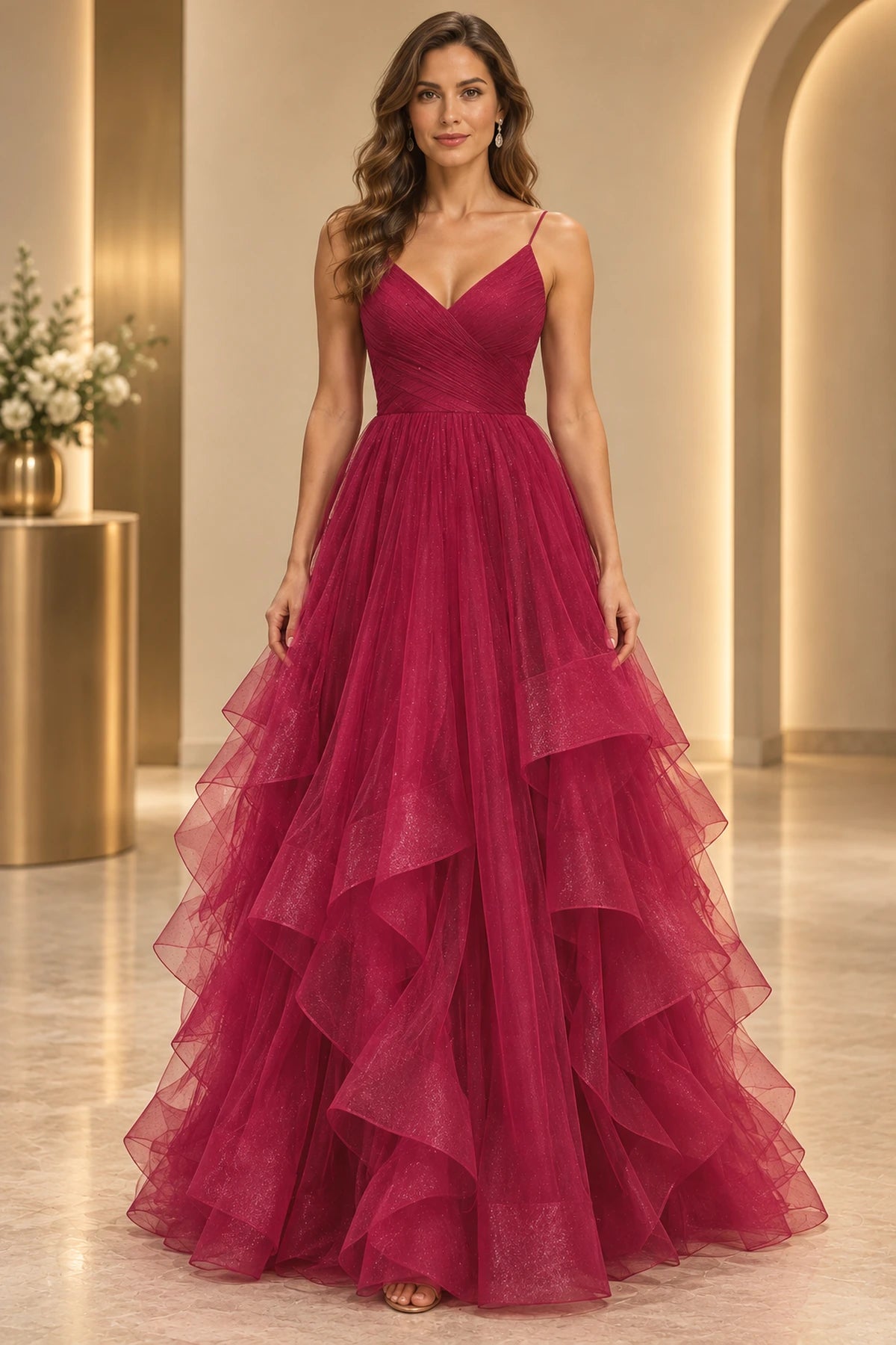Elegant Tulle A-Line V-Neck Sleeveless Floor-Length Layered Prom Dress