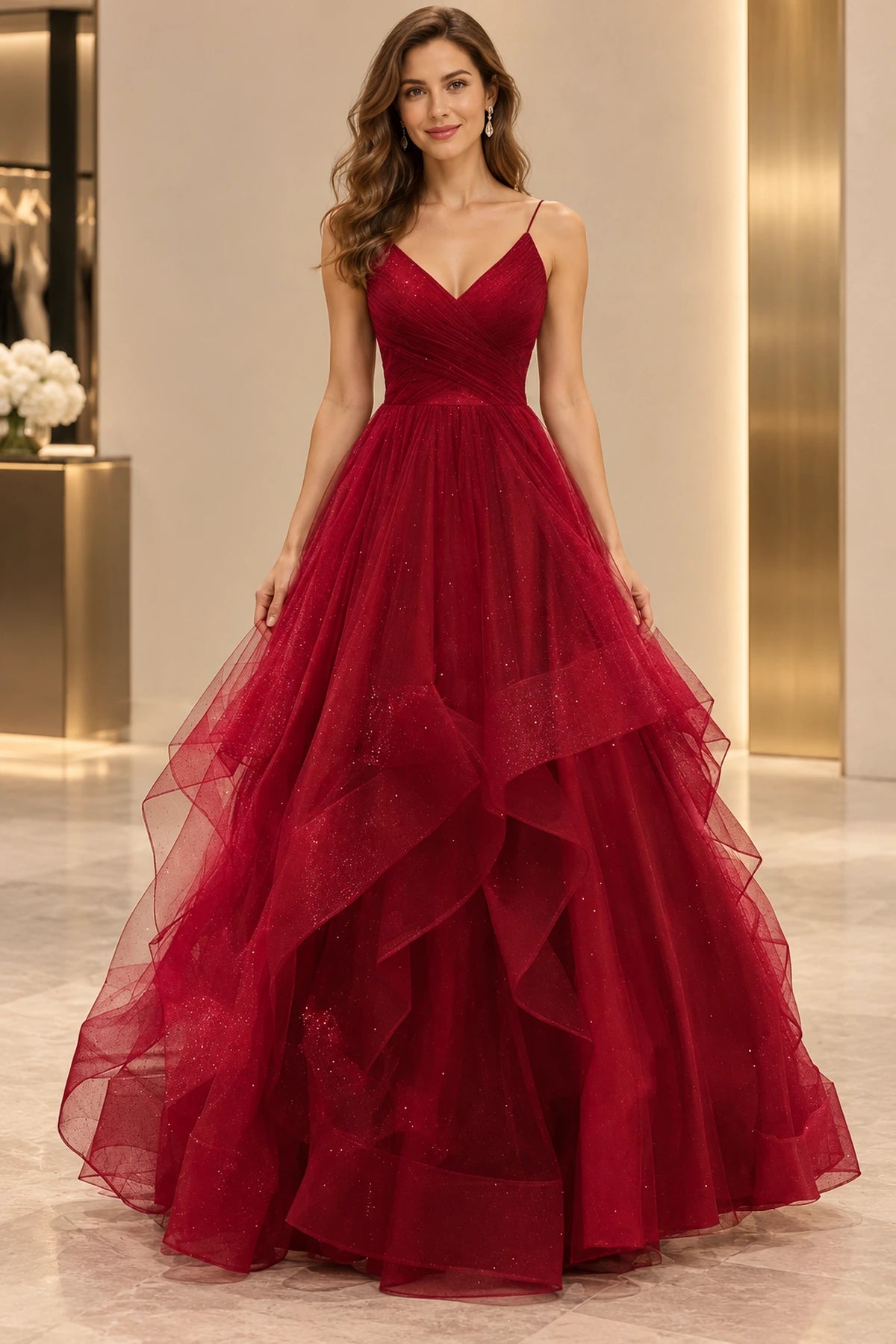 Elegant Tulle A-Line V-Neck Sleeveless Floor-Length Layered Prom Dress