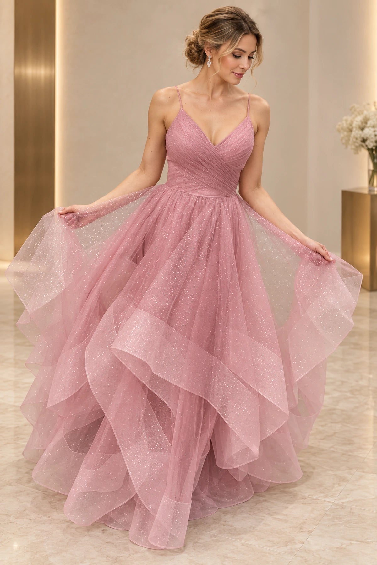 Elegant Tulle A-Line V-Neck Sleeveless Floor-Length Layered Prom Dress