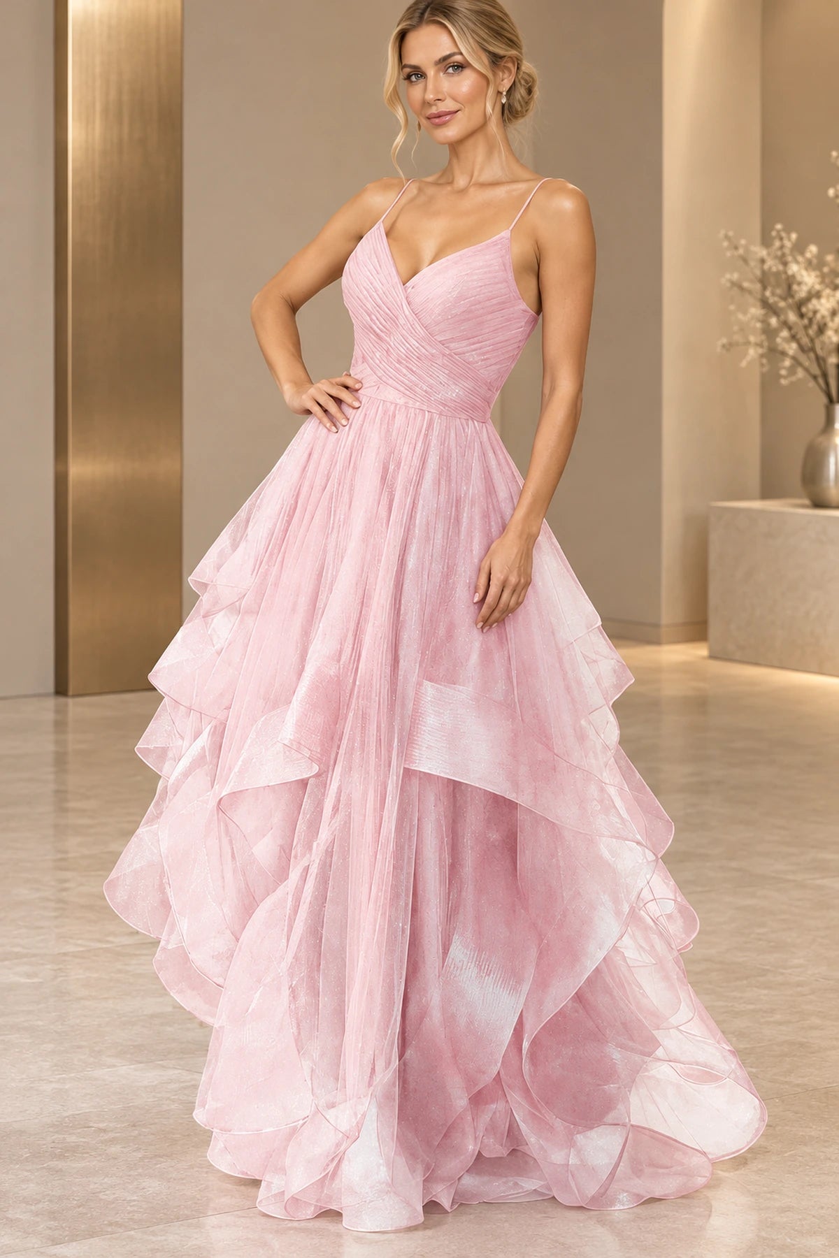 Elegant Tulle A-Line V-Neck Sleeveless Floor-Length Layered Prom Dress
