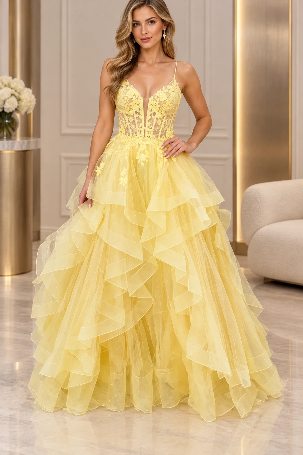 Glamorous Glitter Tulle Ball Gown V-Neck Sleeveless Lace-Up Back Floor-Length Prom Dress