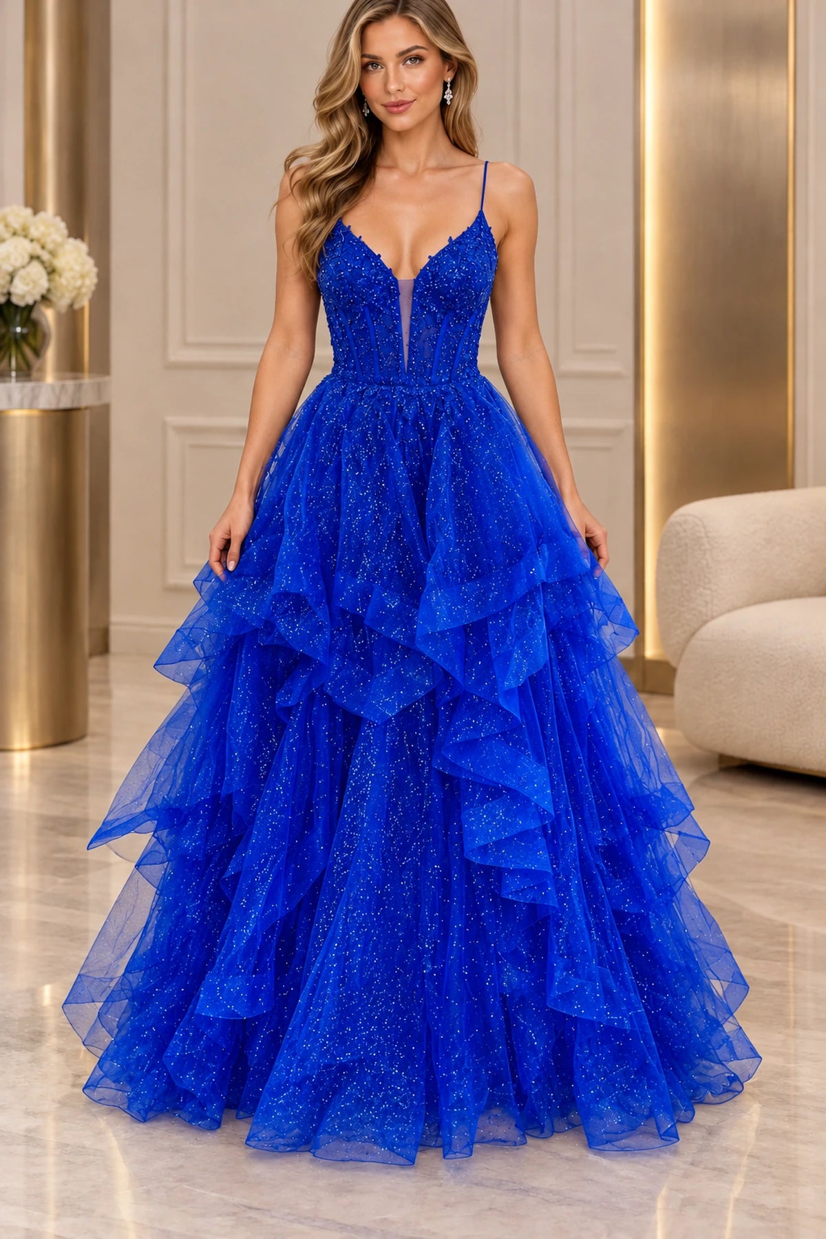 Glamorous Glitter Tulle Ball Gown V-Neck Sleeveless Lace-Up Back Floor-Length Prom Dress