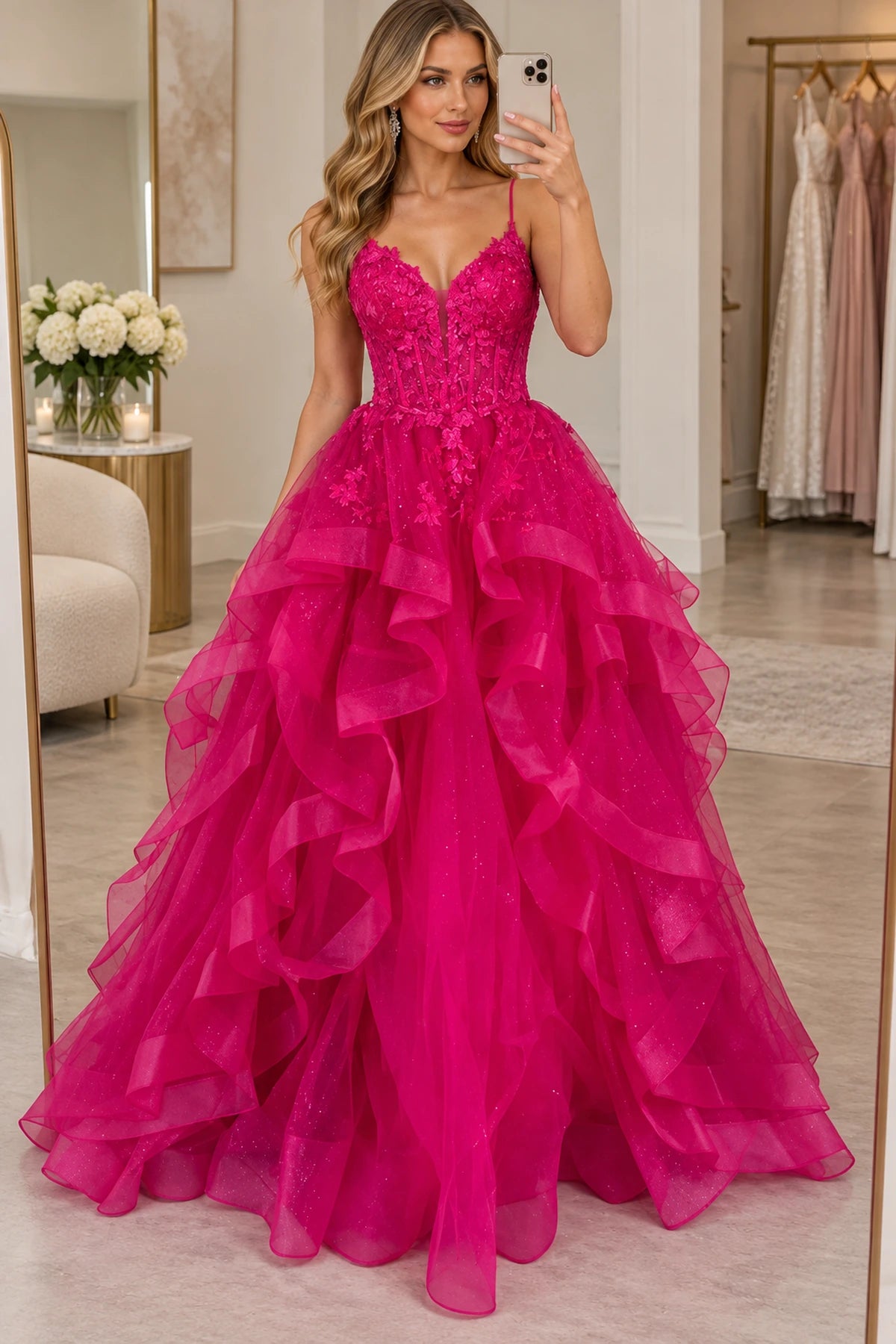 Glamorous Glitter Tulle Ball Gown V-Neck Sleeveless Lace-Up Back Floor-Length Prom Dress