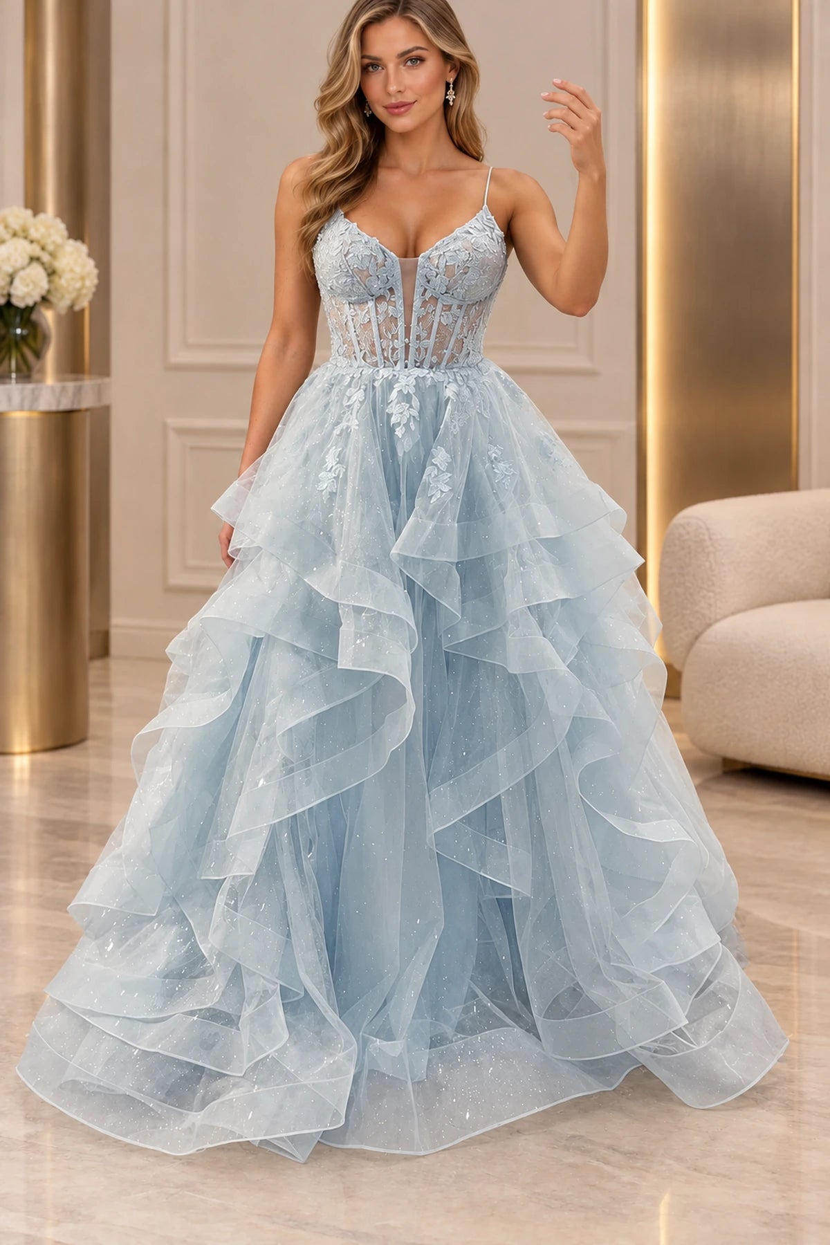 Glamorous Glitter Tulle Ball Gown V-Neck Sleeveless Lace-Up Back Floor-Length Prom Dress