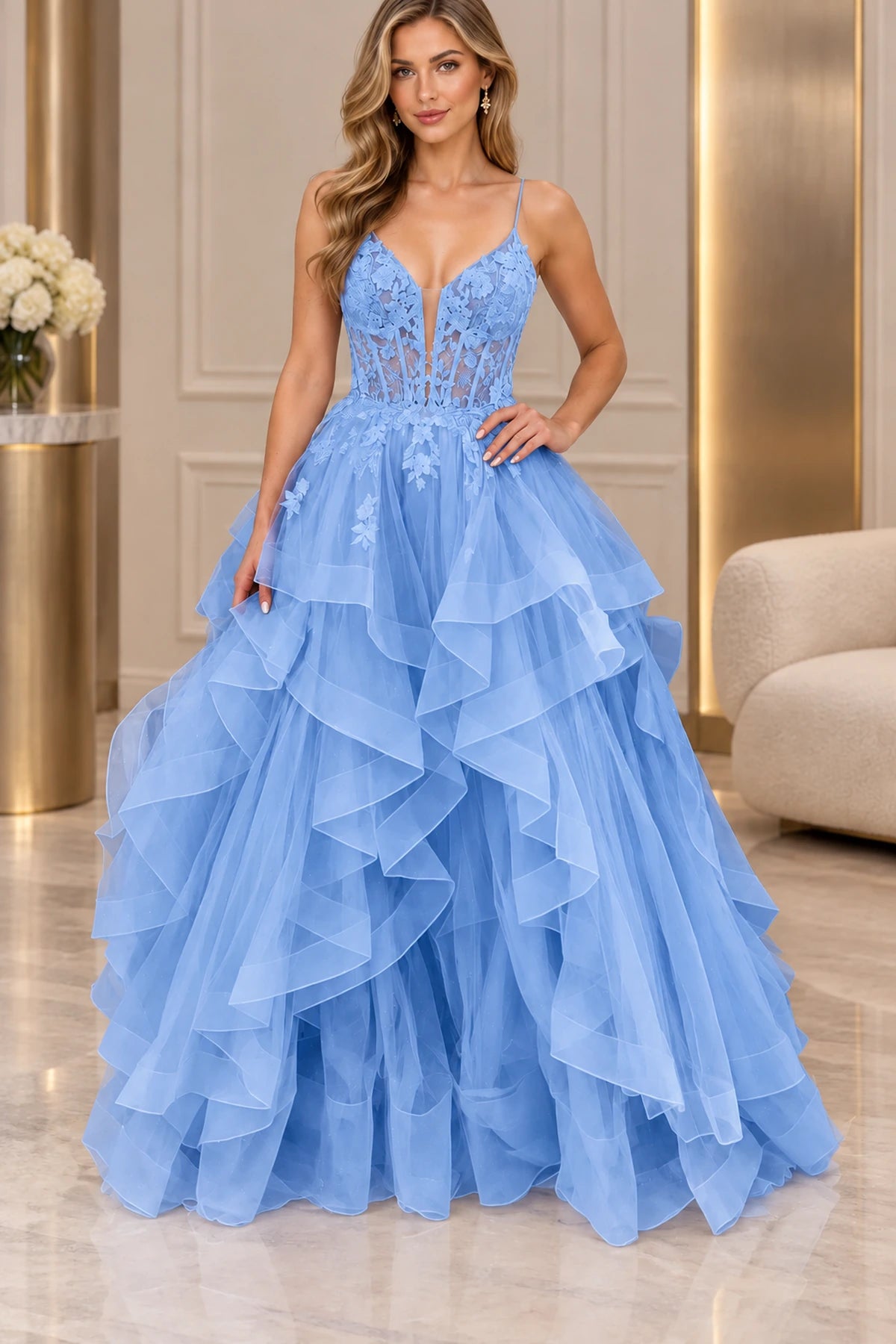 Glamorous Glitter Tulle Ball Gown V-Neck Sleeveless Lace-Up Back Floor-Length Prom Dress
