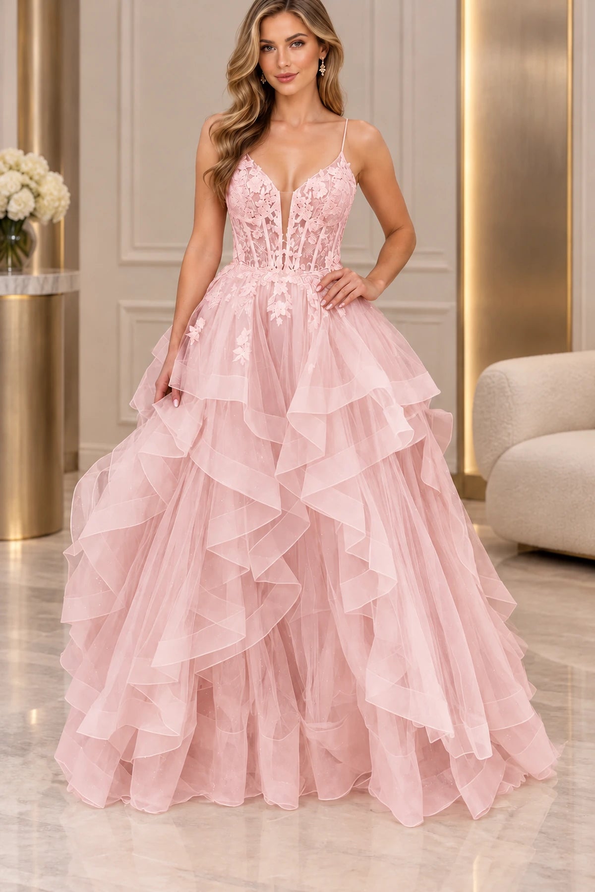 Glamorous Glitter Tulle Ball Gown V-Neck Sleeveless Lace-Up Back Floor-Length Prom Dress