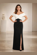 Black and white sheath off-shoulder V-neck long Mother of the Bride dress with front slit and zip back, front and back view by Vedress