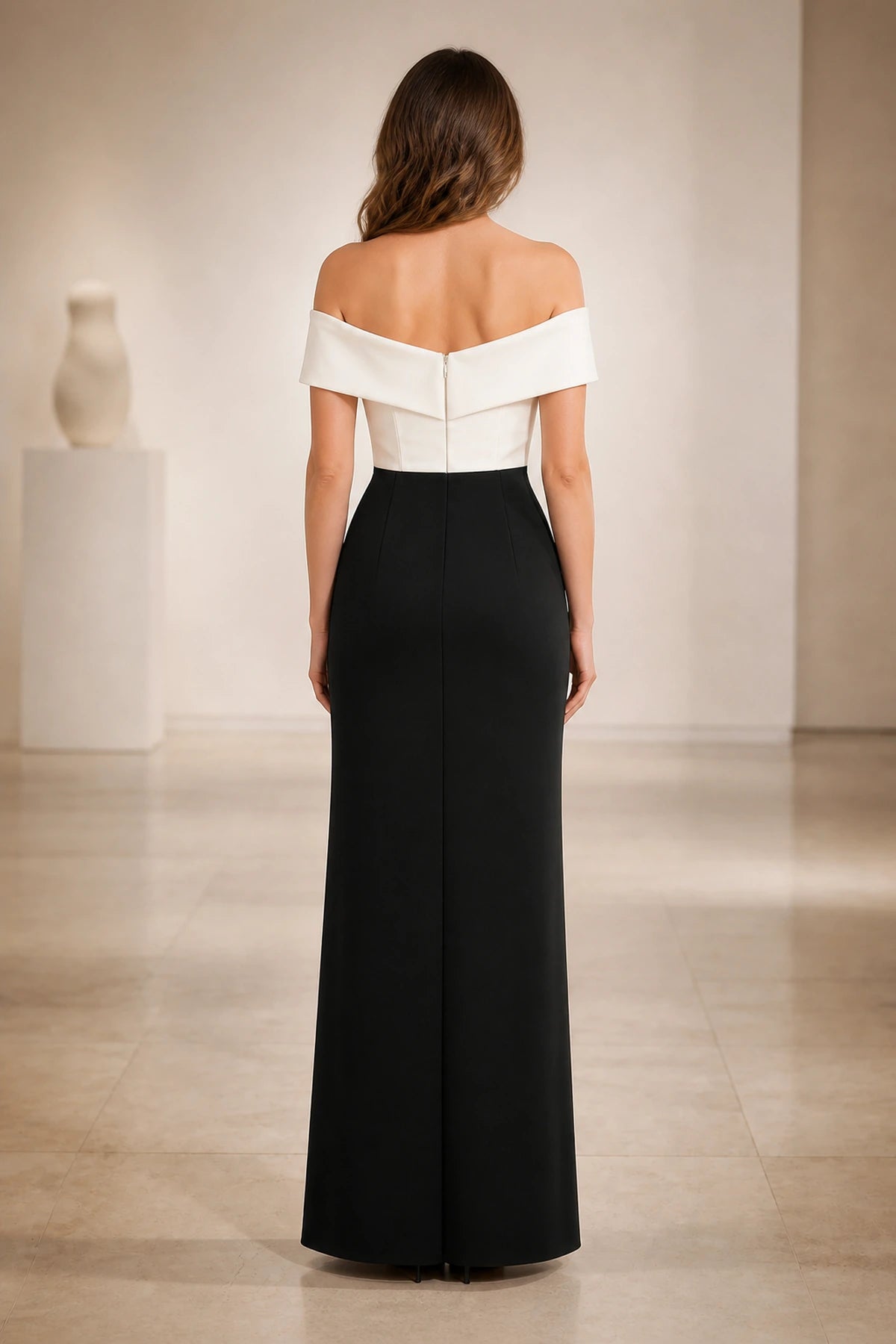 Black and white sheath off-shoulder V-neck long Mother of the Bride dress with front slit and zip back, front and back view by Vedress