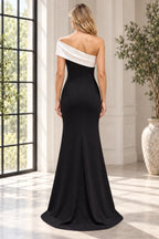 Back view of black and white mother of the bride dress with off-the-shoulder neckline fitted sheath silhouette and floor-length skirt