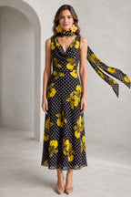 Black polka dot yellow floral cowl neck midi wedding guest dress front view