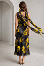 Black yellow floral open back midi wedding guest dress with scarf back view