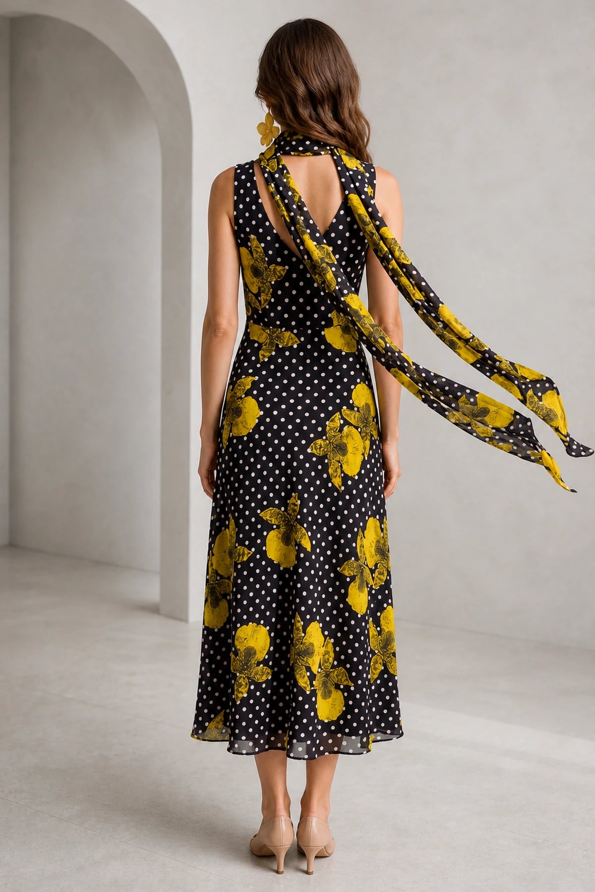 Black yellow floral open back midi wedding guest dress with scarf back view