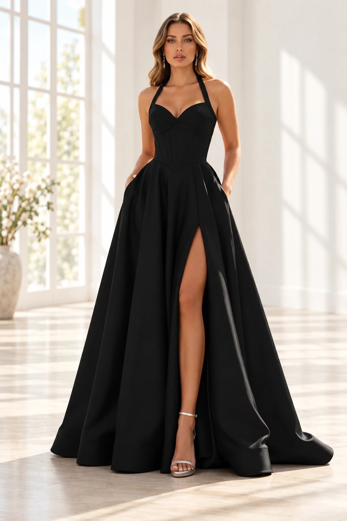Elegant Satin A-Line Halter Sweetheart Sleeveless Lace-Up Back Long Prom Dress