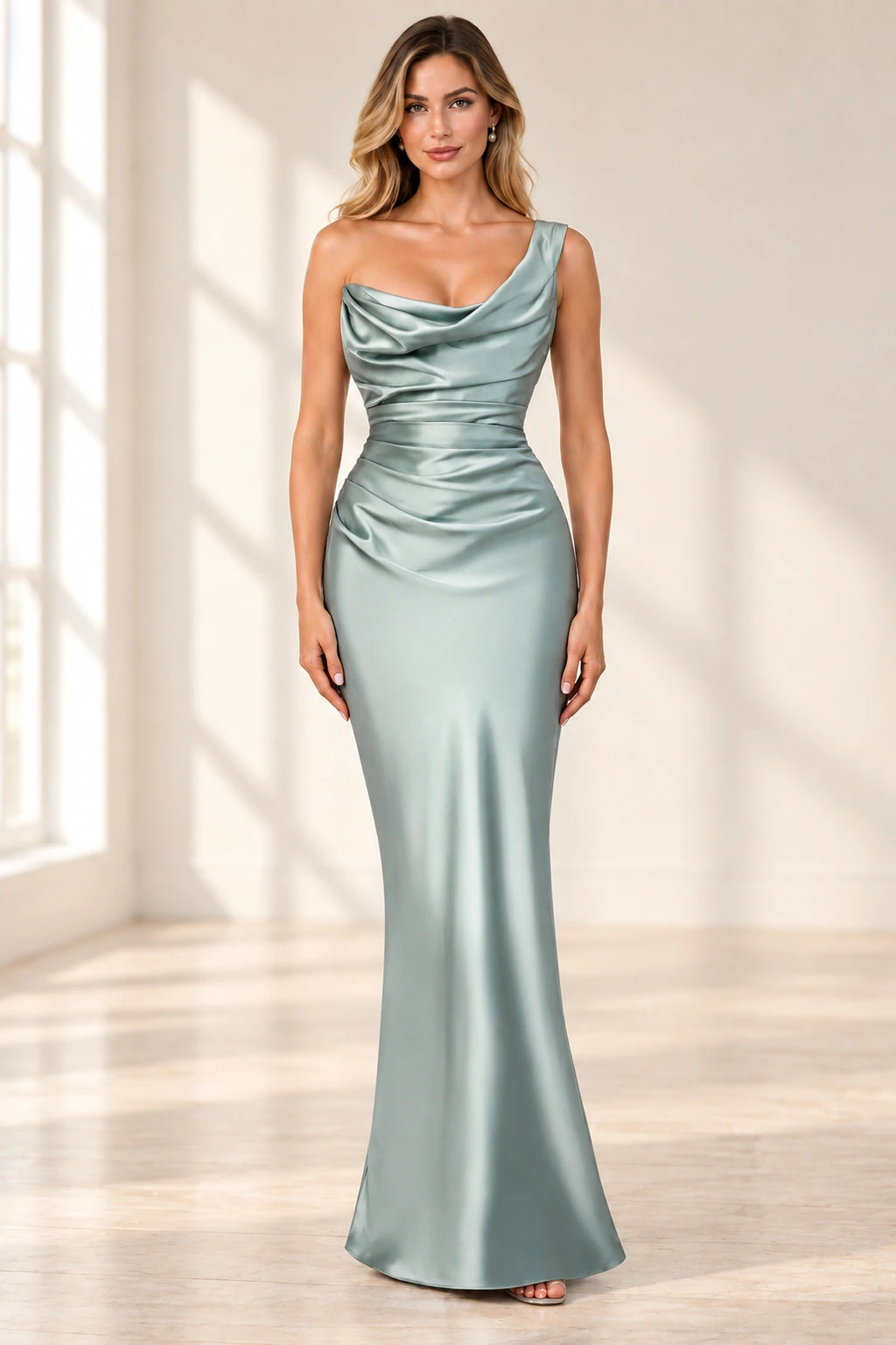 Elegant Column Cowl Neck One Shoulder Corset Back Floor Length Wedding Guest Dress